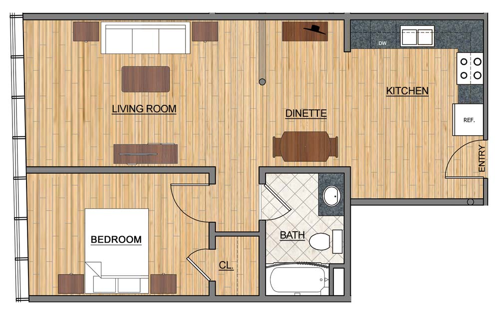 Woolworth Apartments 1 bedroom floorplan